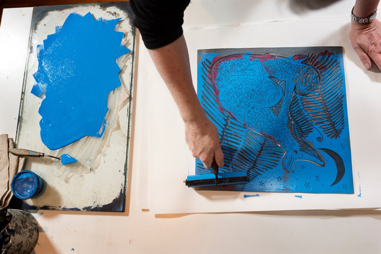 Overhead Portrait of a Printmaker Artist At Work